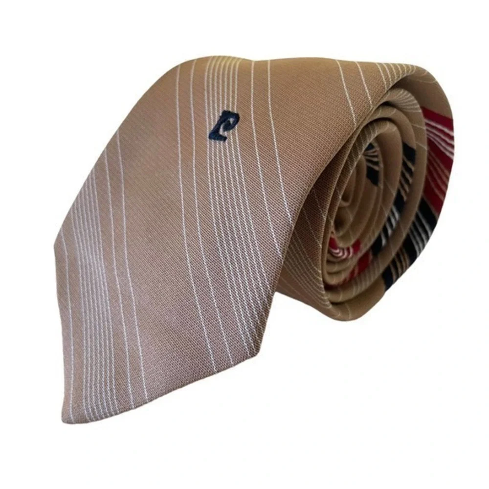 Vintage Pierre Cardin Embroidered Logo Striped Tan Polyester Tie